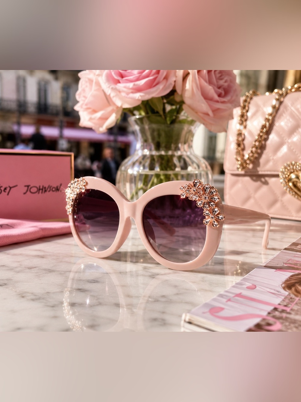 Betsey Johnson Pink Round Floral Embellished Sunglasses - Picture 11 of 11